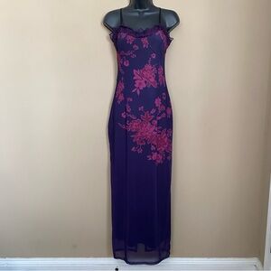 Sastianaen Purple and Pink Floral Mesh Overlay Maxi Slip Dress